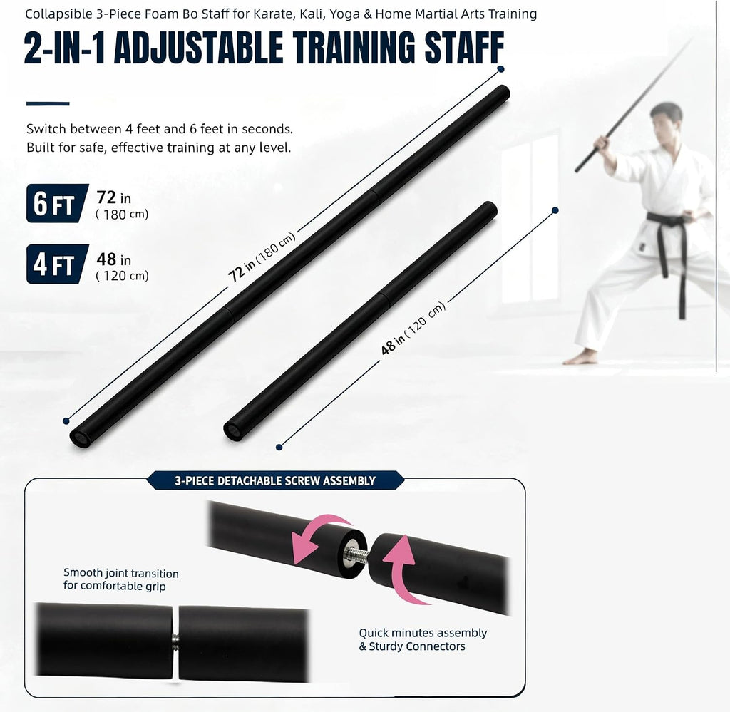Collapsible Bo Staff 4ft & 6ft Detachable Foam Training Staff – Lightweight with Carry Bag, Safe Non-Slip Thickened