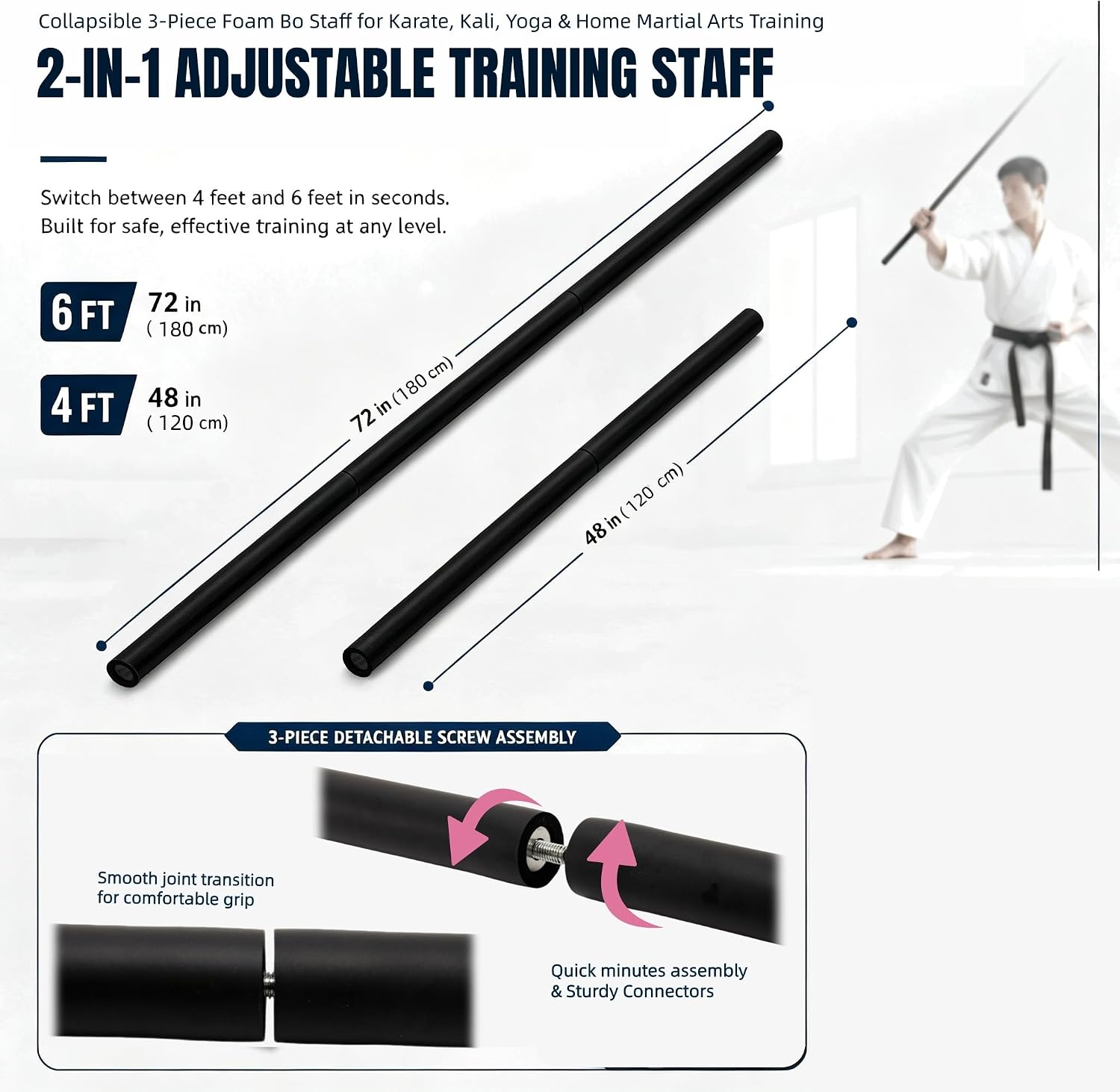 Collapsible Bo Staff 4ft & 6ft Detachable Foam Training Staff – Lightweight with Carry Bag, Safe Non-Slip Thickened