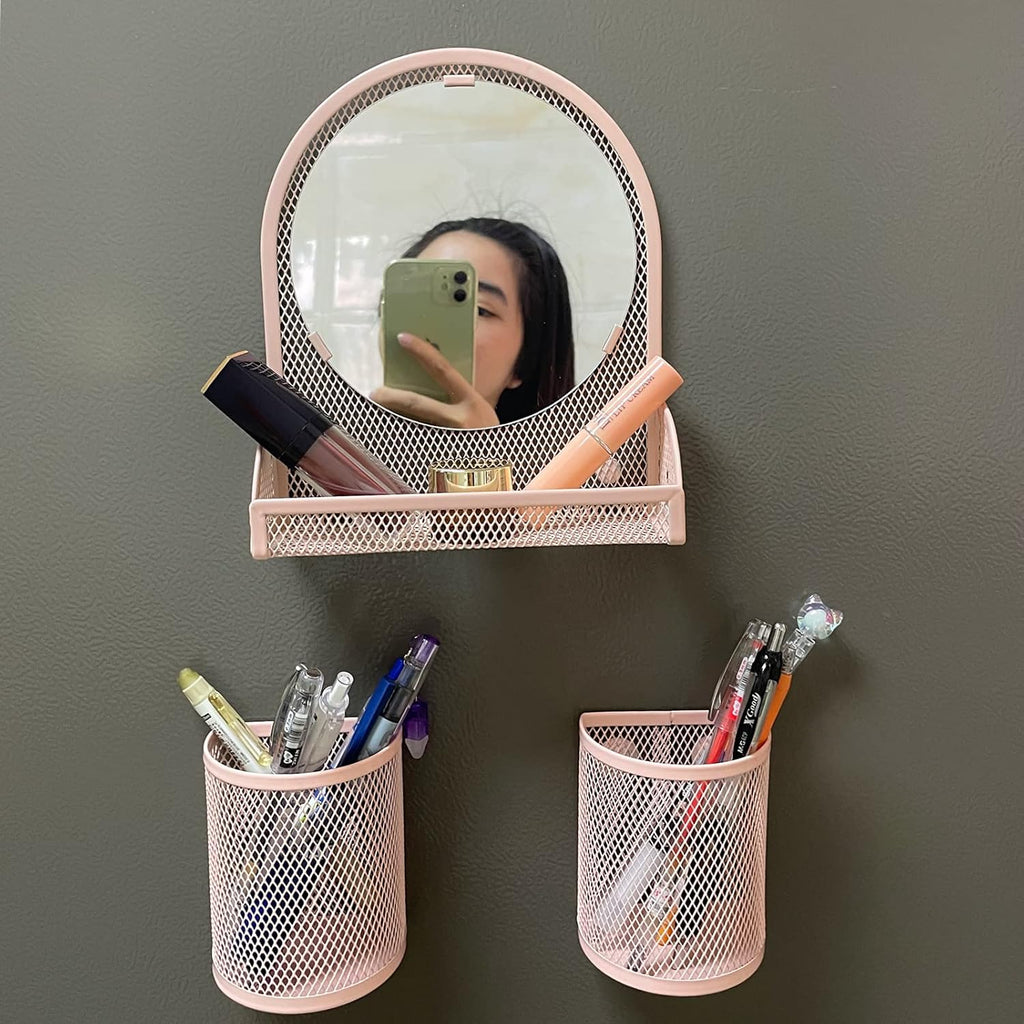 Locker Shelf with Locker Mirror Magnetic & 2 Magnetic Pen Cups, Locker Organizer for Work, Mesh Metal Locker