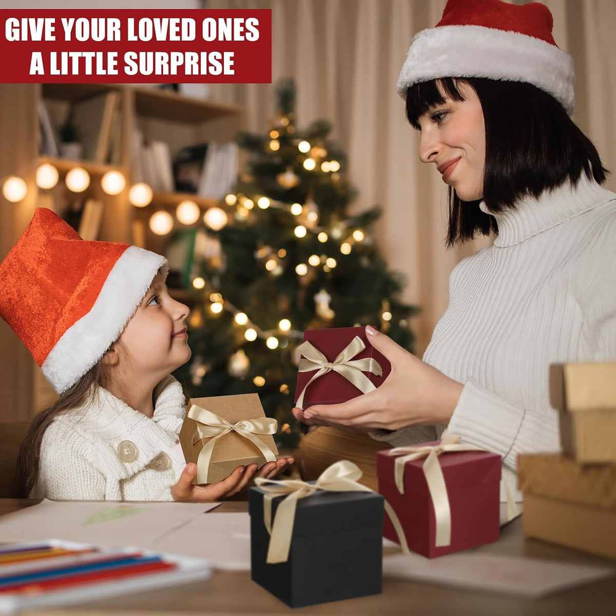 30 Pcs Small Gift Boxes with Lids 4 Inch Squared Christmas Gift Boxes with Gold Ribbon Packaging Red Brown Black