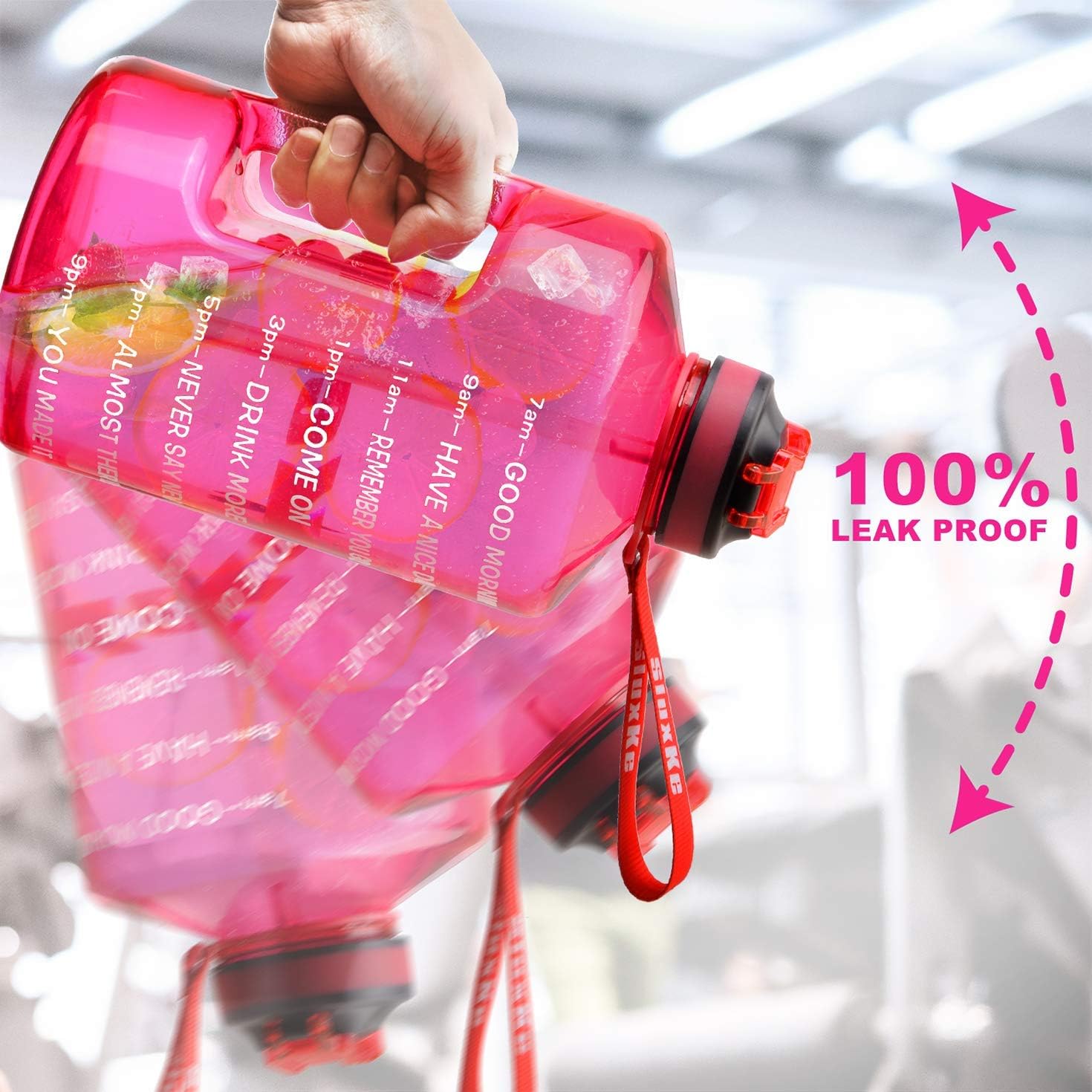 1 Gallon Motivational Sports Water Bottle with Time Marker, BPA Free 128oz Leak Proof Jug, Black, Plastic, 128