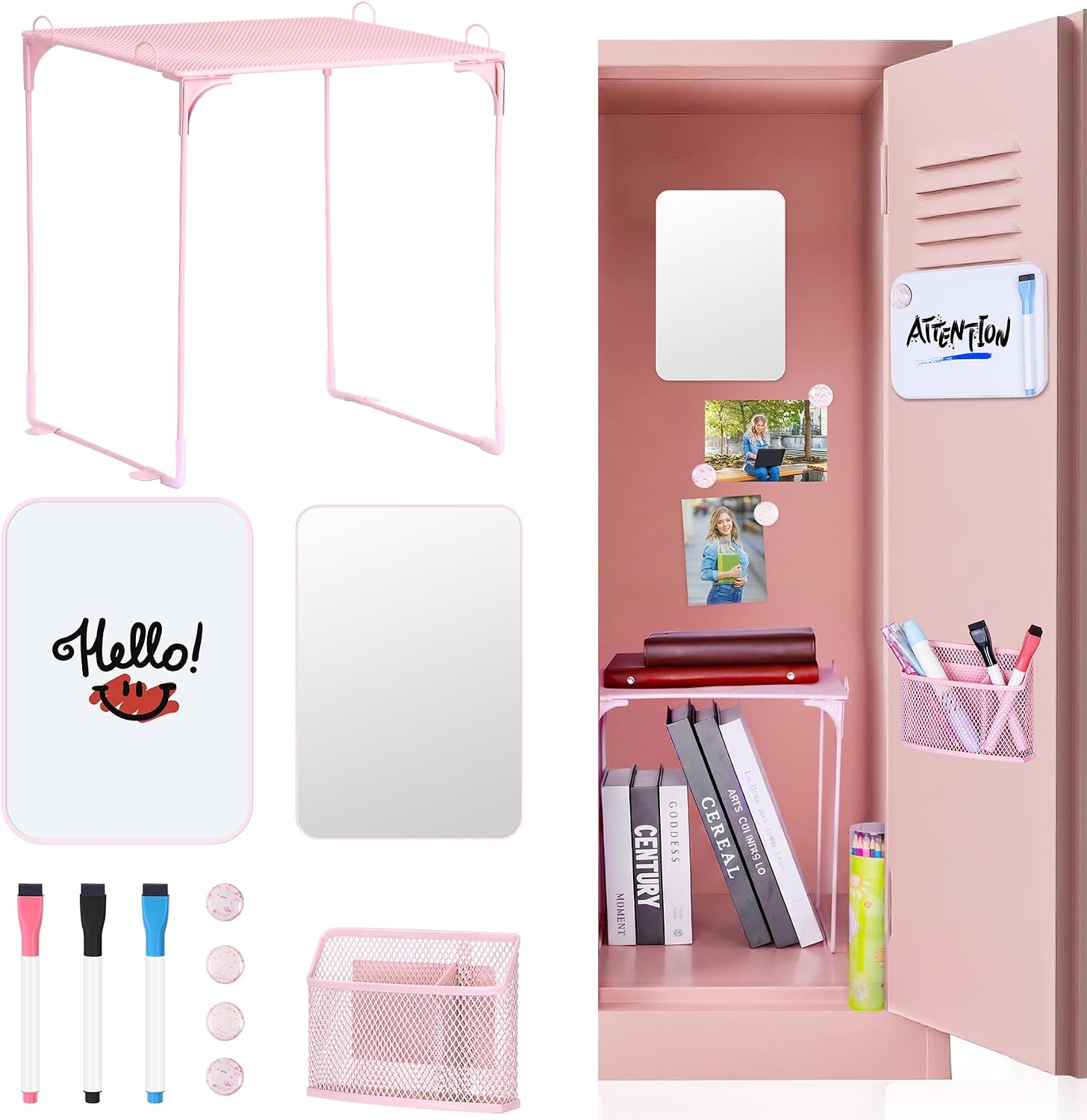 11-Piece Locker Accessories Kit, Magnetic Locker Organizer, Pink | Locker Decorations for Girls, Folding Locker