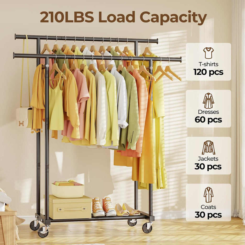 Double Rods Clothes Rack, Rolling Clothing Rack for Hanging Clothes Portable Wardrobe Rack, Metal Garment Rack Sturdy