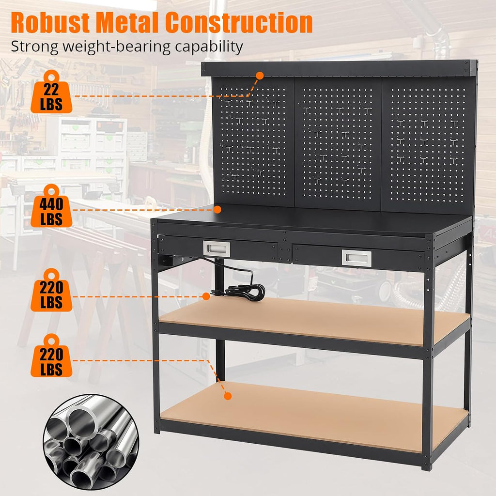 48" Heavy Duty Steel Garage Workbench with Pegboard & Storage, 2 Storage Shelves & 2 Drawers, 1000 LBS Load Capacity