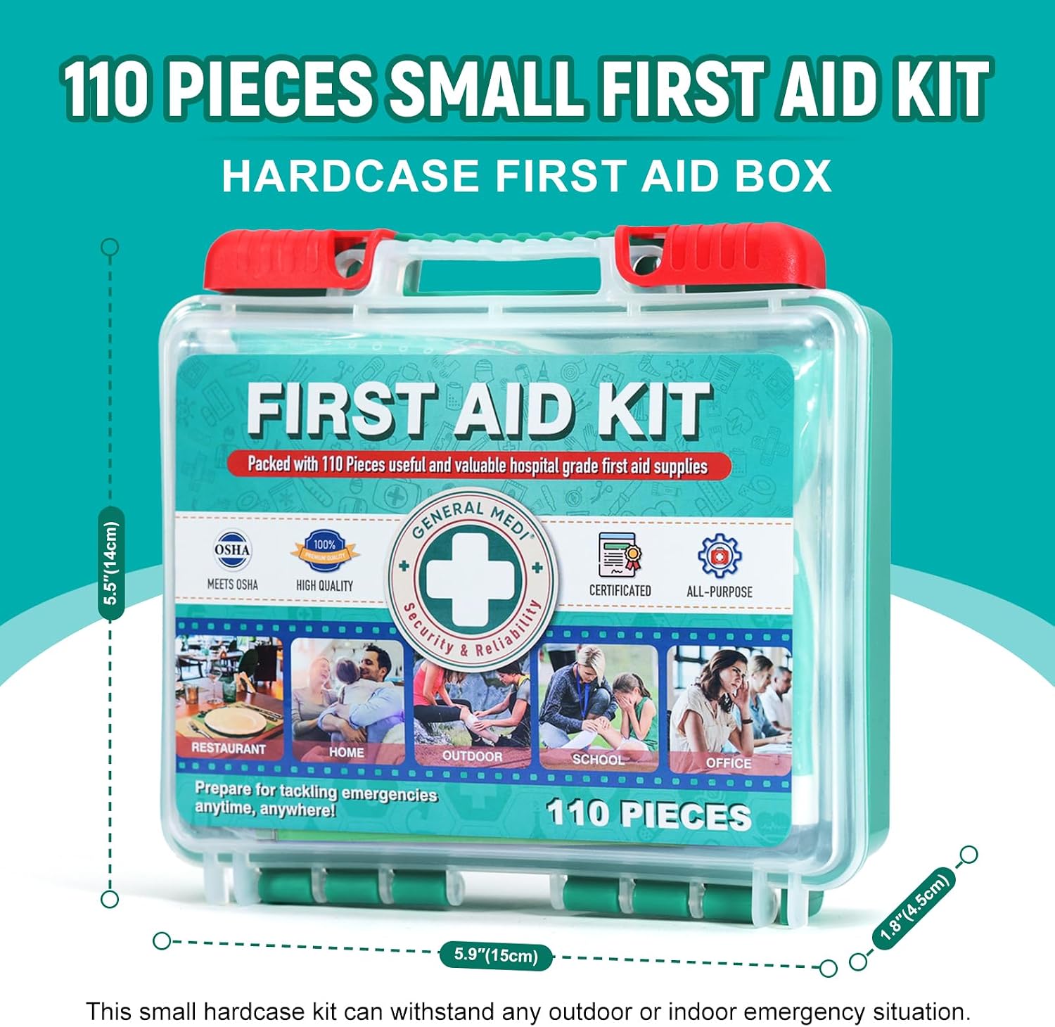 110 Pieces Small First Aid Kit - HardCase First Aid Box - Contains Premium Medical Supplies for Travel, Home, Office