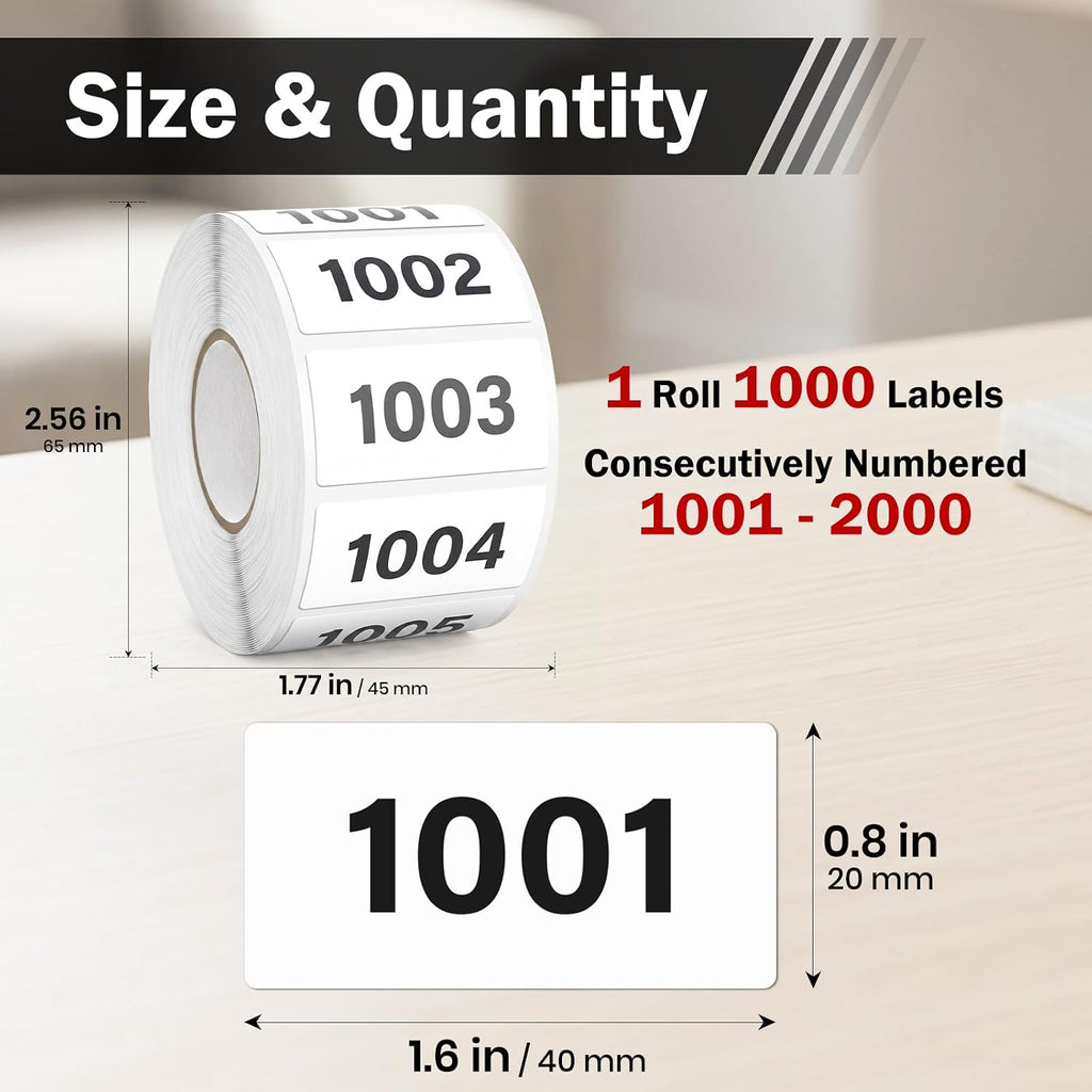 Consecutive Number Stickers 1001-2000 Inventory Label 1.6x0.8 Inch