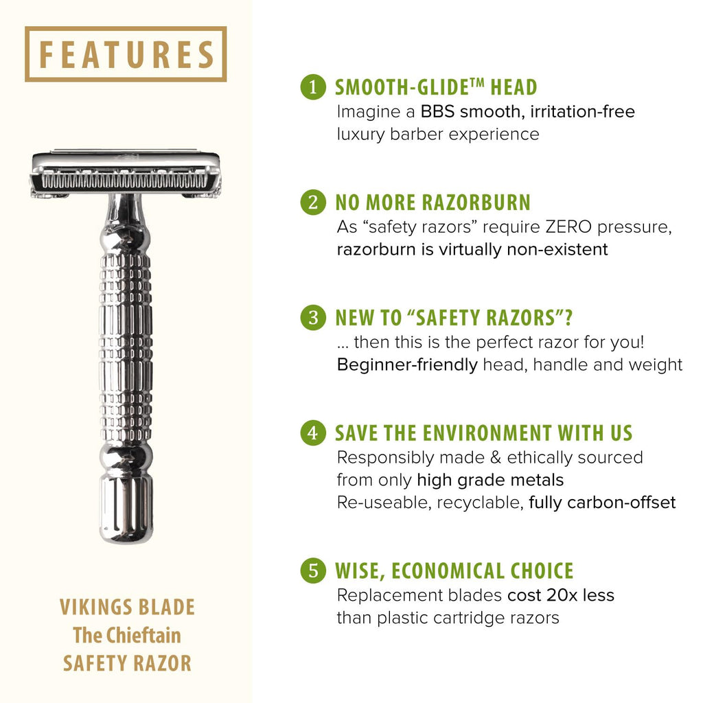 Double Edge Safety Razor for Men + 5 Swedish Steel Blades + Luxury Case. Smooth, Reusable, Eco-Friendly (The Chieftain)