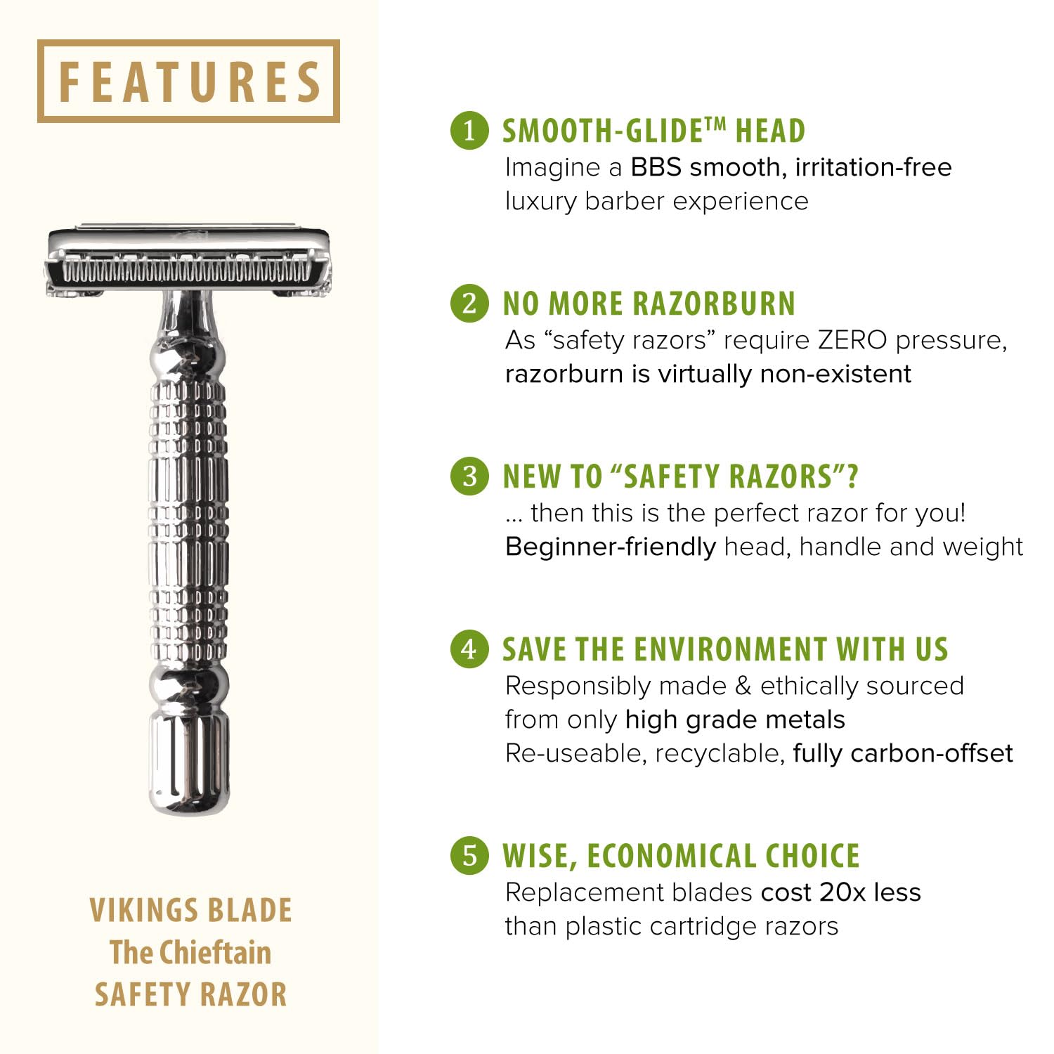 Double Edge Safety Razor for Men + 5 Swedish Steel Blades + Luxury Case. Smooth, Reusable, Eco-Friendly (The Chieftain)