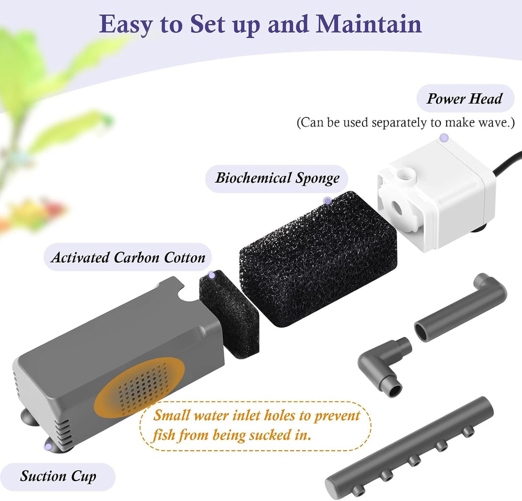 3W Mini Fish Tank Filter, 48GPH Quiet Aquarium Internal Filter 3-in-1 Submersible Fish Tank Filter Pump for 1-6Gal
