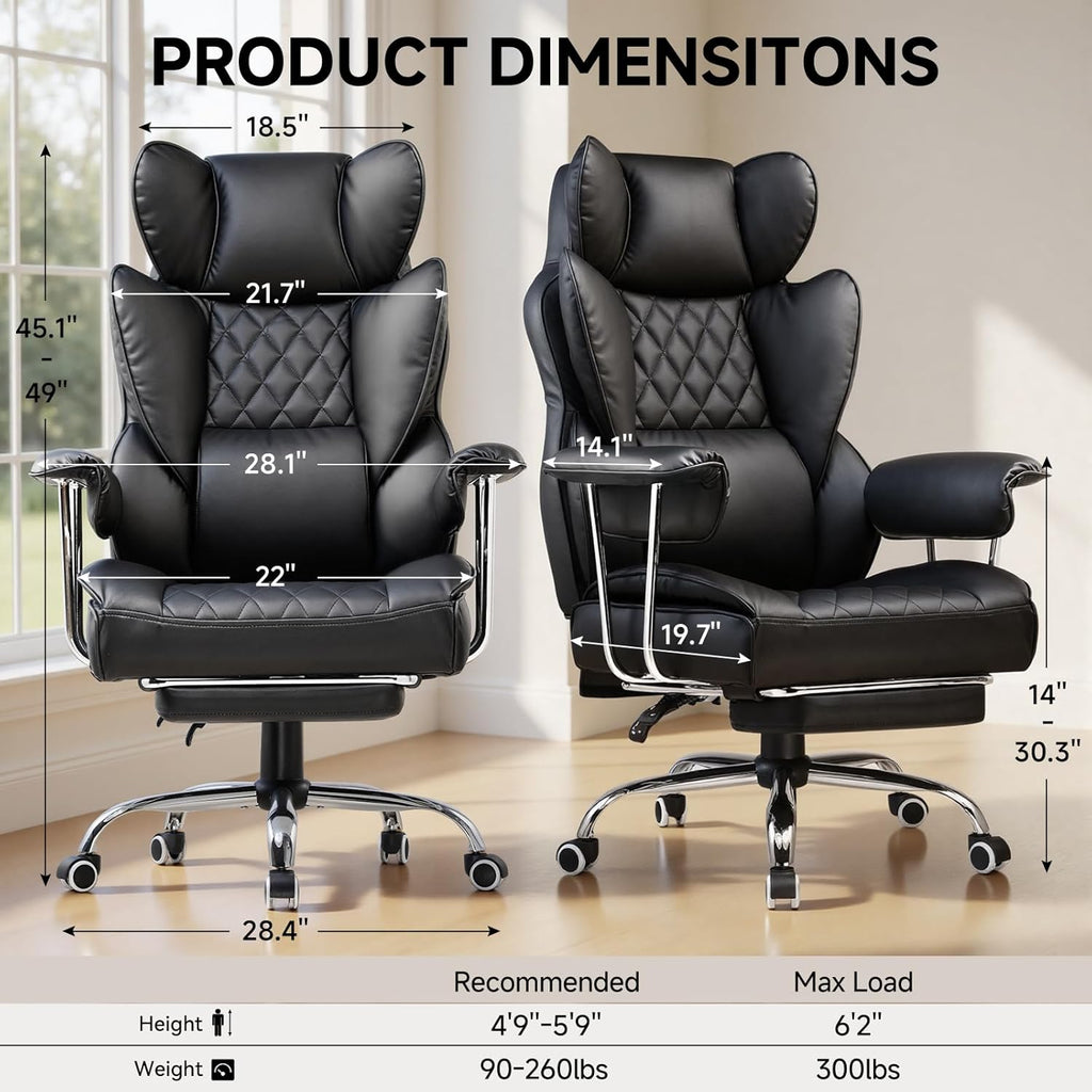 Big and Tall Office Chair, High Back Leather Gaming Chair with Footrest, Executive Ergonomic Office Chair with Pocket