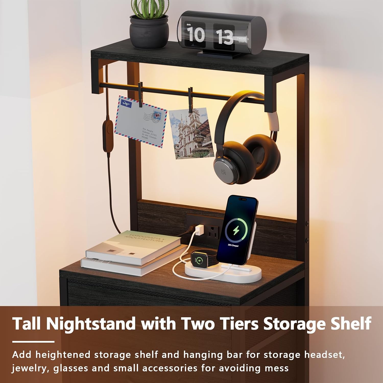 Tall Nightstand with Charging Station, Bed Side Table & End Table | 4 Fabric Drawers and Storage Wood Shelves, Dorm