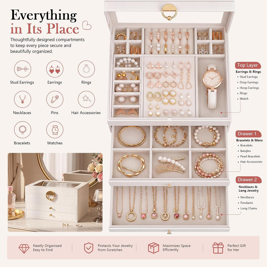 Jewelry Box, 3-Layer jewelry organizers and storage, Cloud White | Jewelry Boxes For Women – Velvet Lining