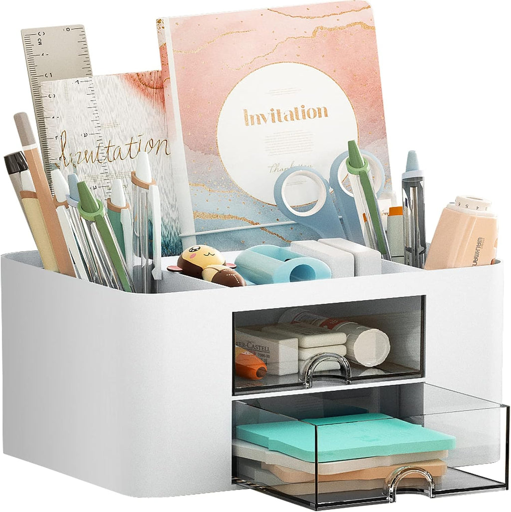 Pen Organizer with 2 Drawer, Multi-Functional Pencil Holder for Desk, Desk Organizers and Accessories with 5