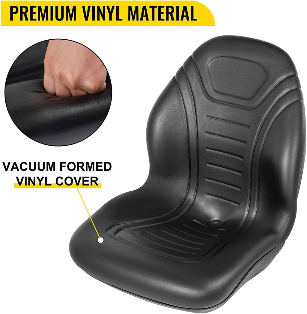 Universal Lawn Tractor Seat Replacement, Compact High Back Mower Seat, Black Vinyl Forklift Seat, Central Drain Hole