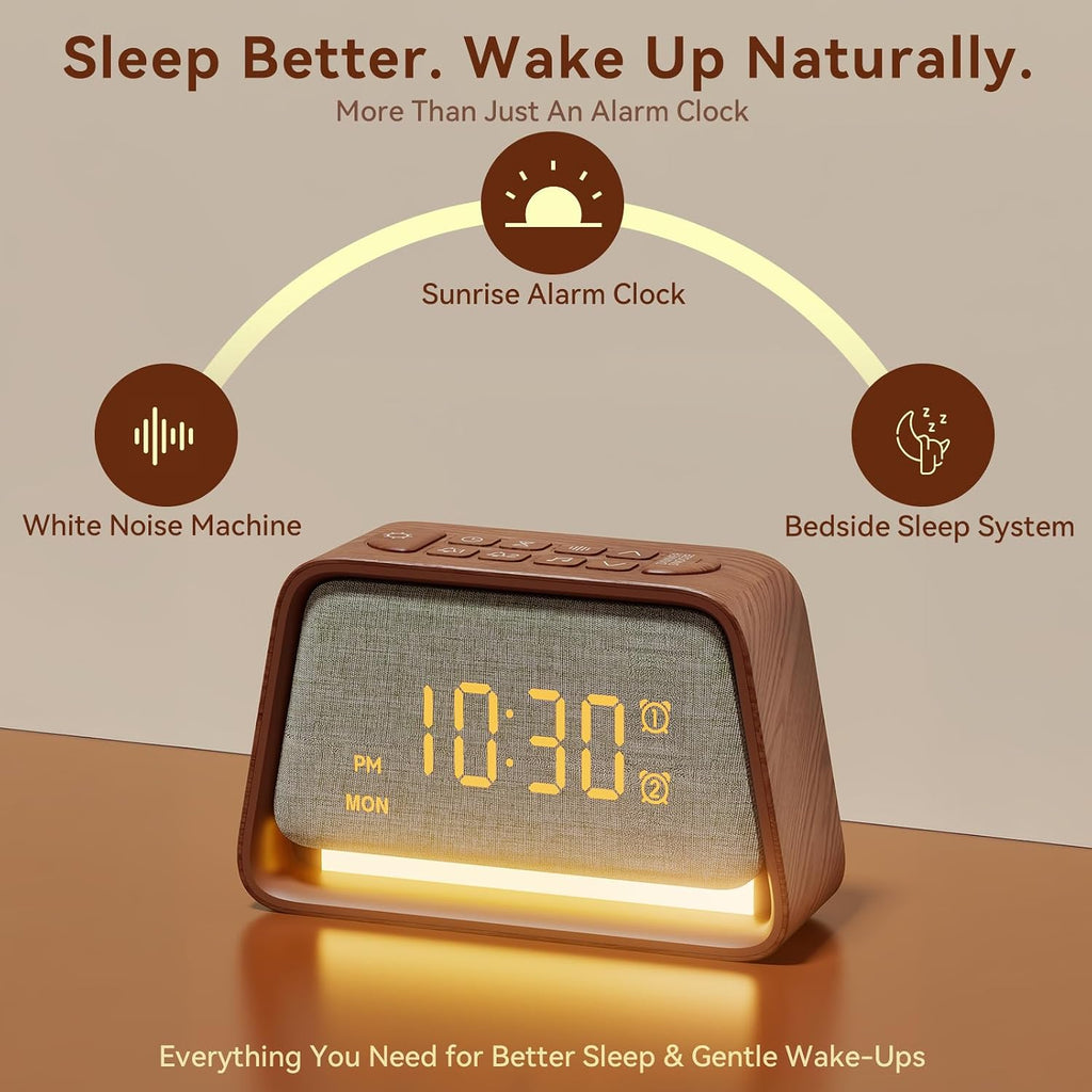 Alarm Clock with White Noise Machine Night Light for Bedroom | 20 Sleep Timer Sounds Machine (30/60/90 min) , Digital