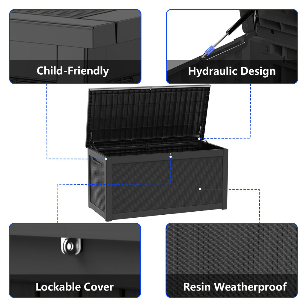 350 Gallon Extra Large Outdoor Storage Box，Resin Waterproof Deck Box，Black