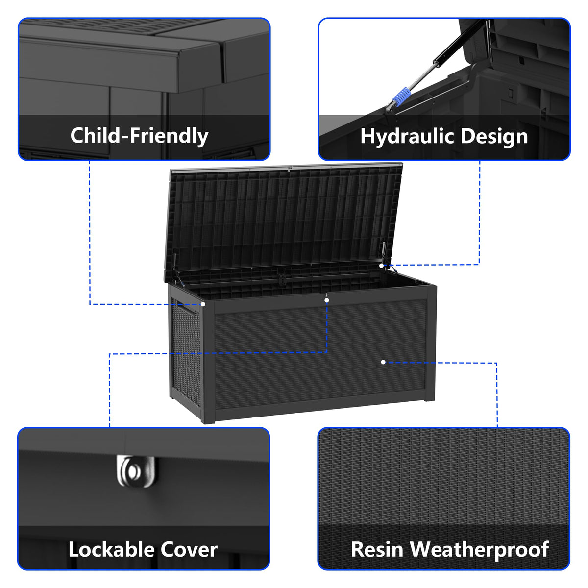 350 Gallon Extra Large Outdoor Storage Box，Resin Waterproof Deck Box，Black