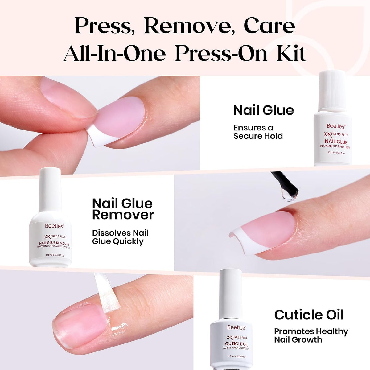Beetles French Tip Press On Nail Kit - Short Square 150Pcs Pink