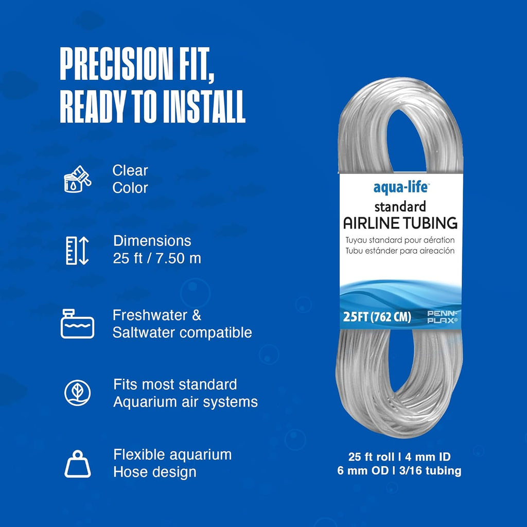 Aqua-Life Standard Airline Tubing - 3/16 Inch Flexible Airline Hose for Aquarium Pumps, Fish Tank Line for Air Stones