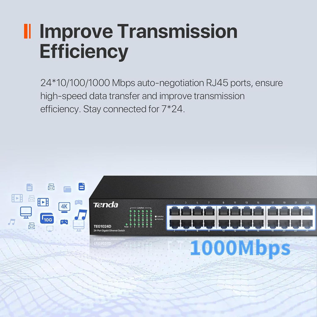 24 Port Gigabit Ethernet Switch | Rackmount Network Switch | 24*10/100/1000Mbps Shielded Ports | Unmanaged | Plug &
