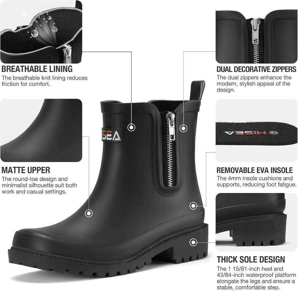 Short Rain Boots for Women with Zipper Waterproof Chelsea Boots Rubber Garden Shoes for Ladies Fashion