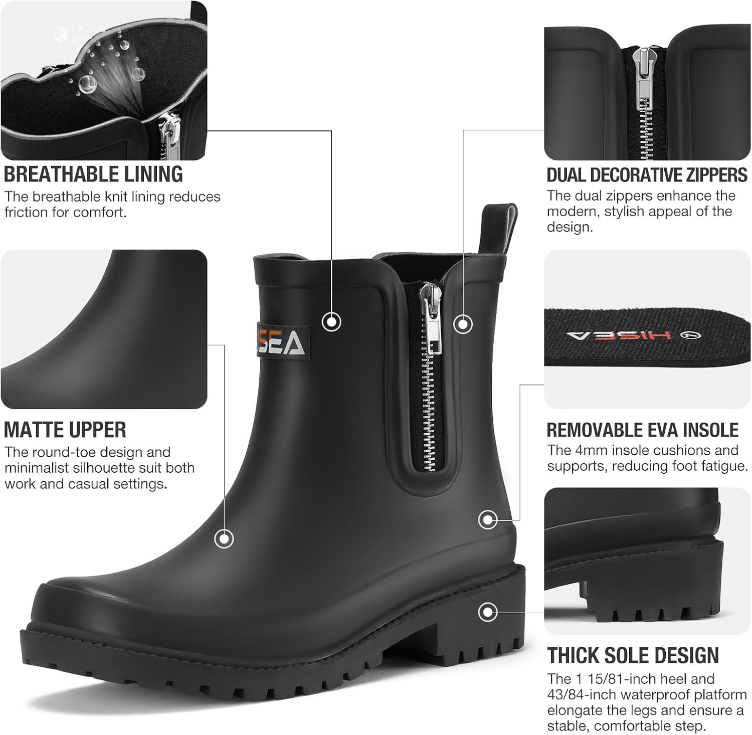 Short Rain Boots for Women with Zipper Waterproof Chelsea Boots Rubber Garden Shoes for Ladies Fashion