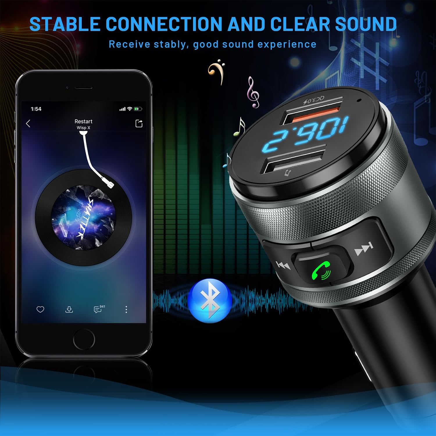 Bluetooth 6.0 FM Transmitter for Car Adapter with MP3 Player | Hands-Free Calls, CVC Noise Reduction, QC 3.0 Charger