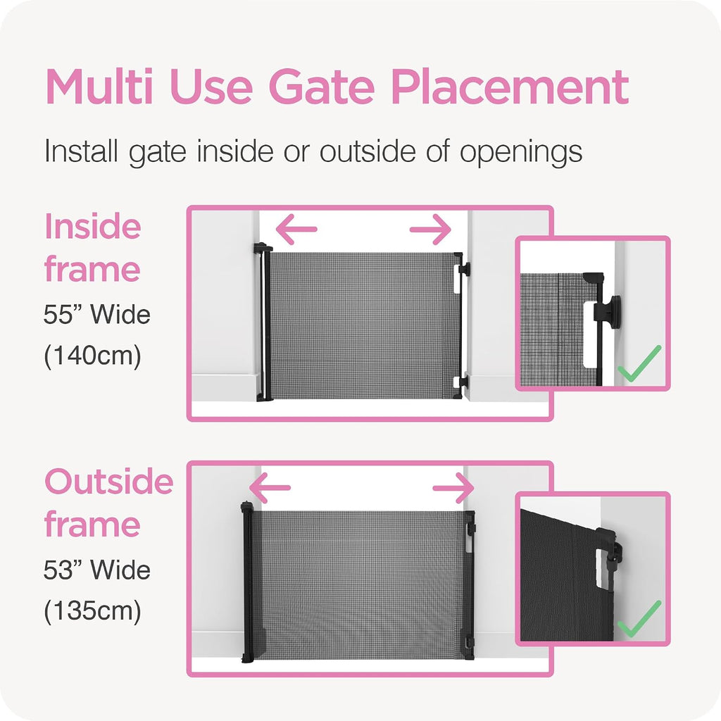 Retractable Baby Gate Perma Child Safety 33" Tall x 55” Wide, Mesh, for Stairs, Doorways, Dogs, Pets, Indoor