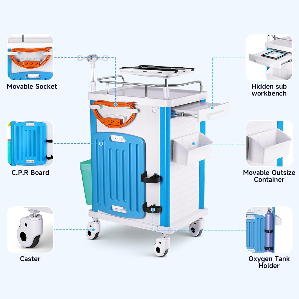 Medical Carts with Wheels, 5-Tier Drawers, Adjustable IV Pole, Silent Casters, Trash Bins, O2 Holder, Needle Disposal
