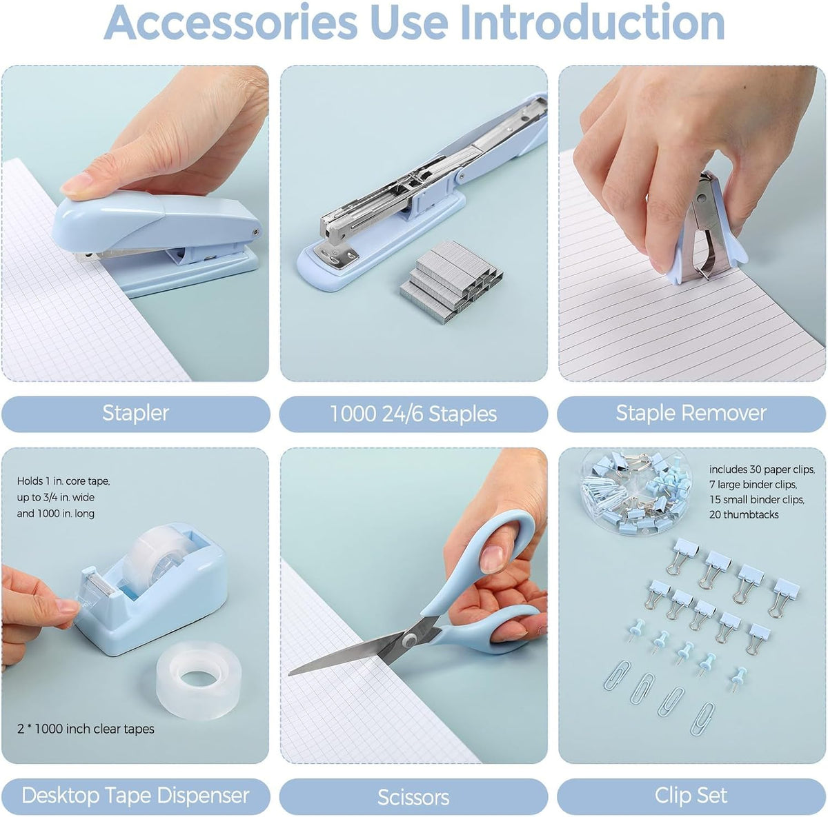 Blue Office Desk Accessories, Stapler and Tape Dispenser Set,10PCS