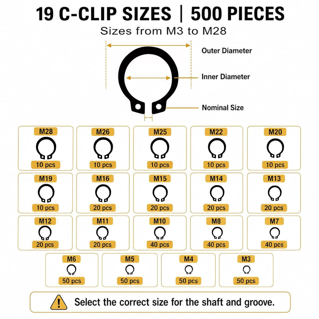 1000-Piece C Clips & E Clips Assortment Kit - 32 Sizes, Retaining Rings