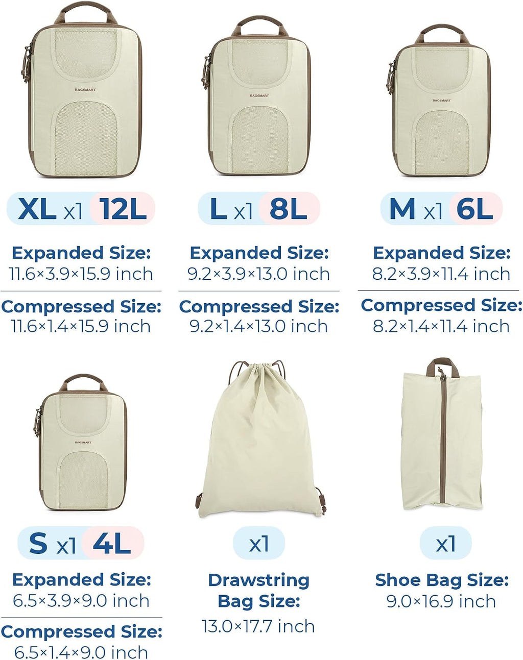 6 Set Compression Packing Cubes, Travel Luggage Organizer Bags