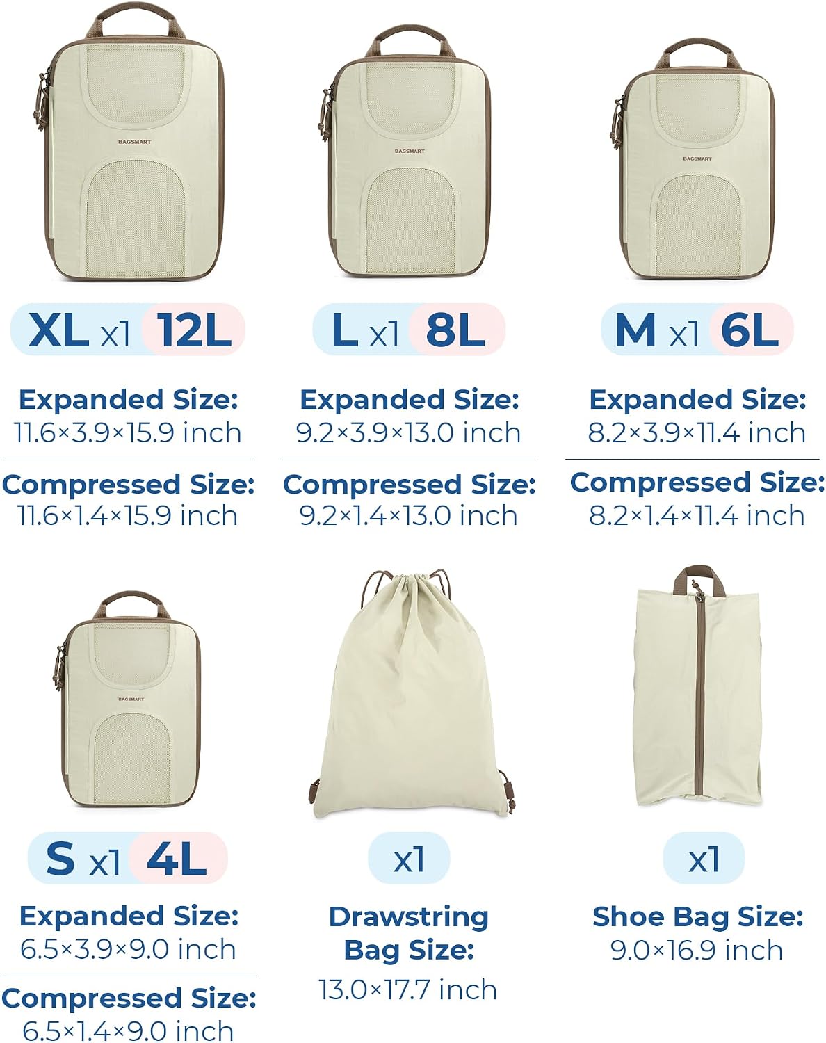 6 Set Compression Packing Cubes, Travel Luggage Organizer Bags