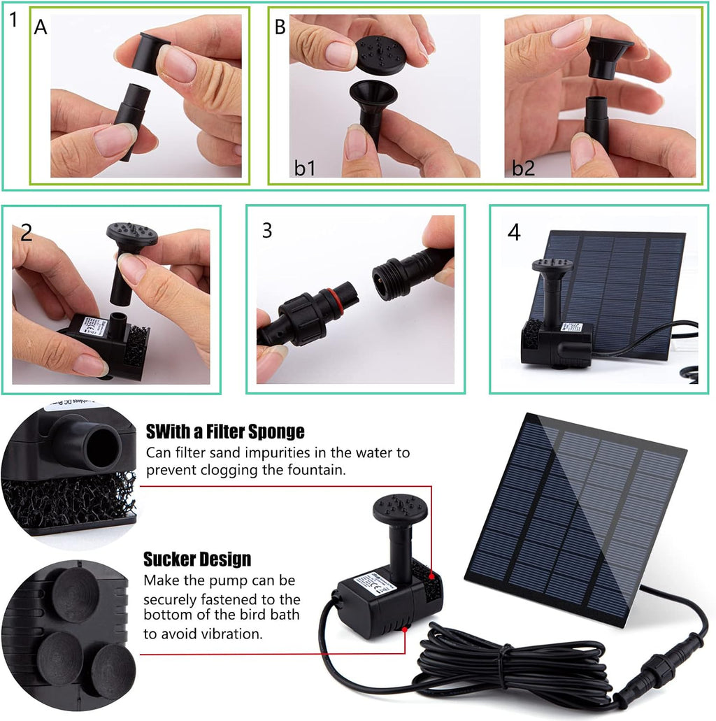 Solar Fountain Pump Kit with Separate Solar Panel, 1.8 W Upgraded Solar Water Pump with 9.84FT Cable & 4 Nozzles