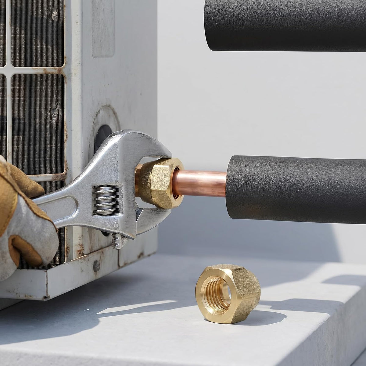 Brass 3/8 Flare Nut, 45° Flare Tube Fitting Leak Free Flarefitting for Air Conditioning Copper Pipe Extension Butt (3/8", 5 Pack)