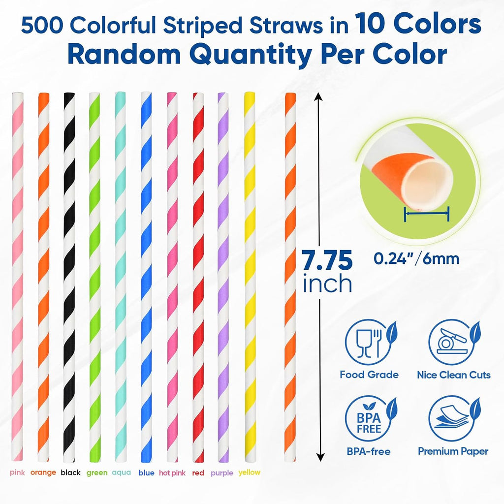 7.75" Striped Colorful Paper Straws Bulk 500ct - 10 Cute Fun Rainbow Colors