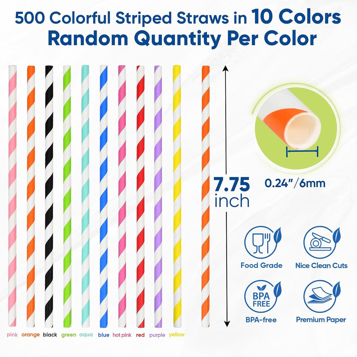 7.75" Striped Colorful Paper Straws Bulk 500ct - 10 Cute Fun Rainbow Colors