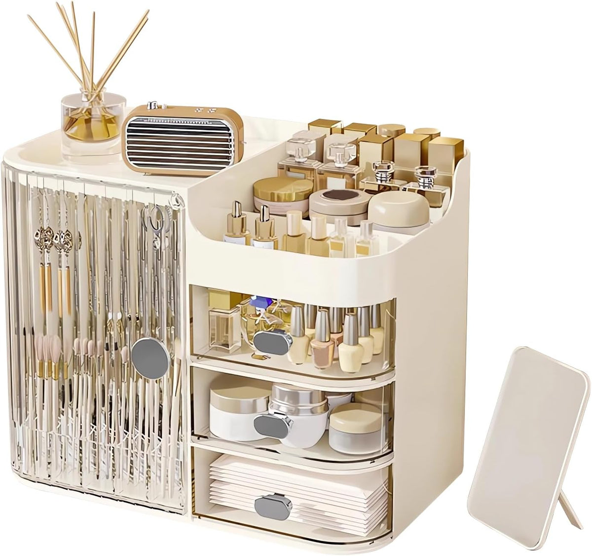 Makeup Organizer for Vanity,Large Capacity Makeup Storage Organizer with 3-Layer Drawers and Mirror,Cosmetics Display
