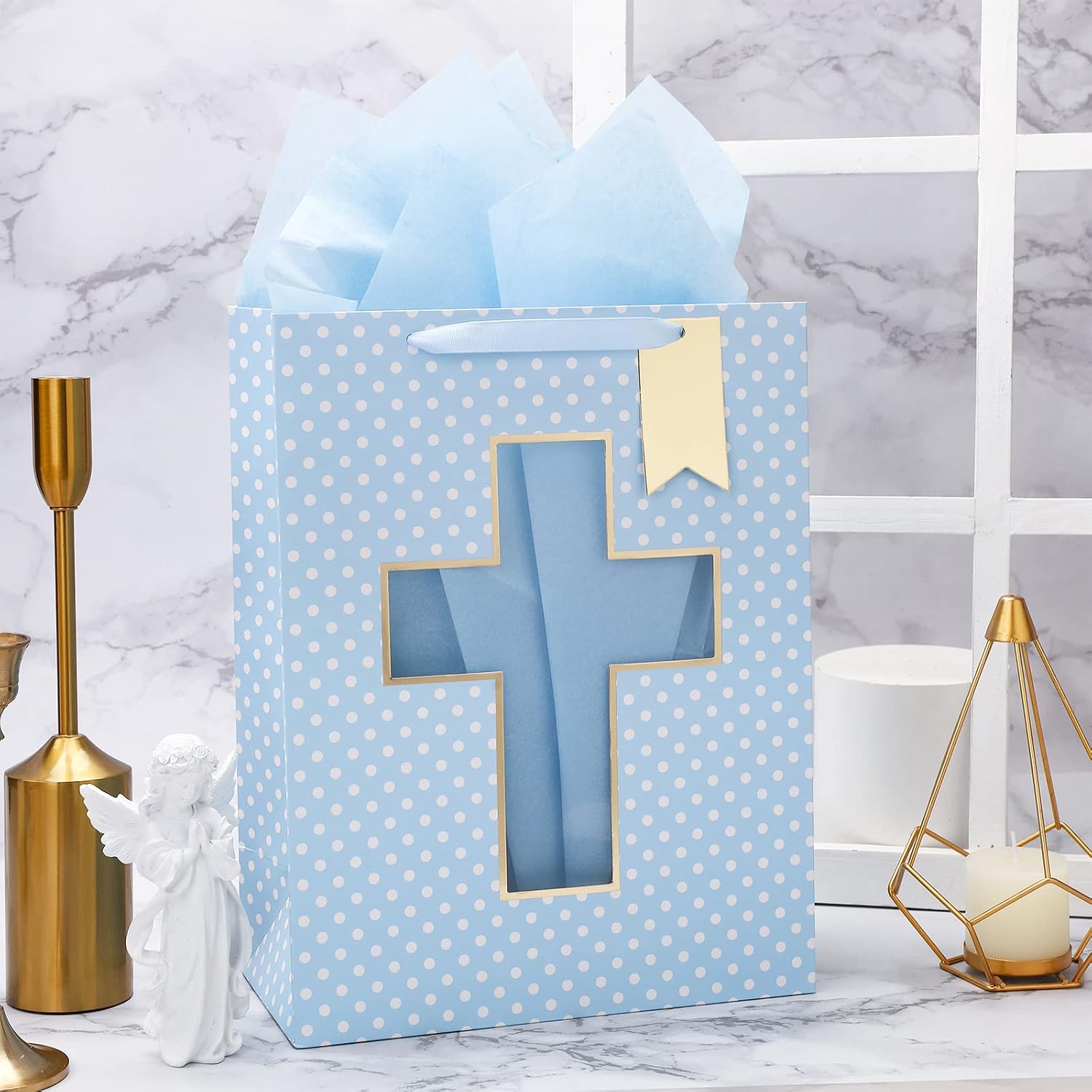 Blue Gift Bag with Cross Design, Tissue Paper for Baby Boy Baptisms, Christenings, First Communions Religious