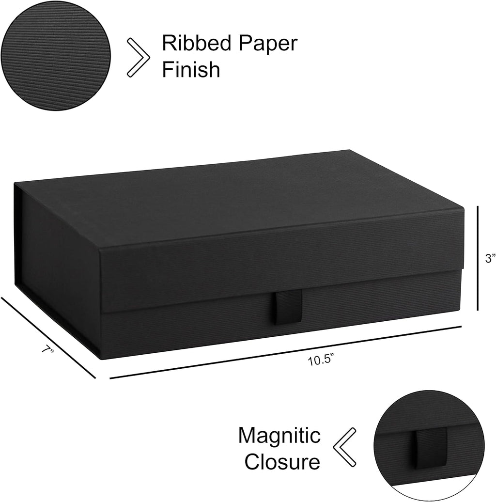 Hard Black Gift Box With Magnetic Closure Lid 10.5"x7"x3" Pack Of 2 Black Ribbed Rectangle Favor Boxes With Black