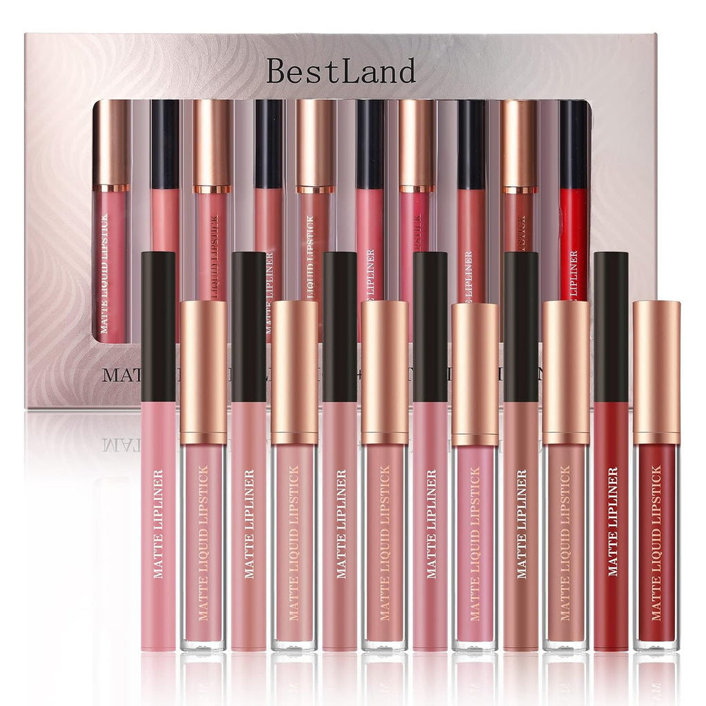12Pcs Matte Liquid Lipstick + Lip Liner Pens Set, One Step Lips Makeup Sets Pigment Velvety Nude Lip Stain Waterproof