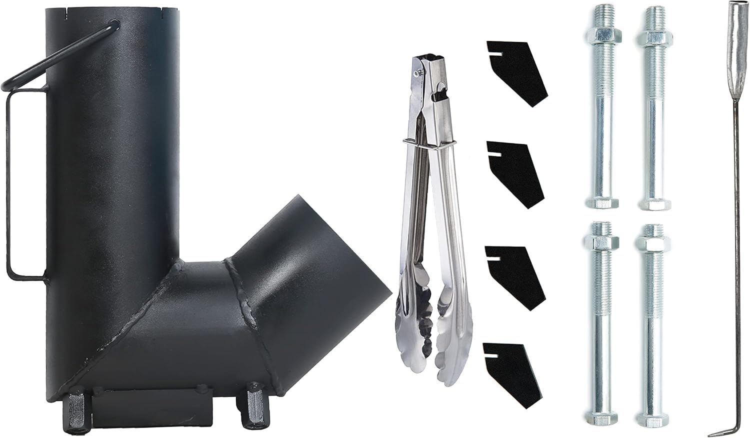 Rocket stove with handle, A portable wood burning camping stove with a fire poker & tongs. wood burning Rocket stove