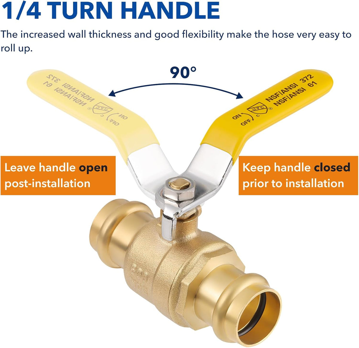 1/2" Brass Press Ball Valve, 1/4-Turn Full Port Valve (10-Pack)