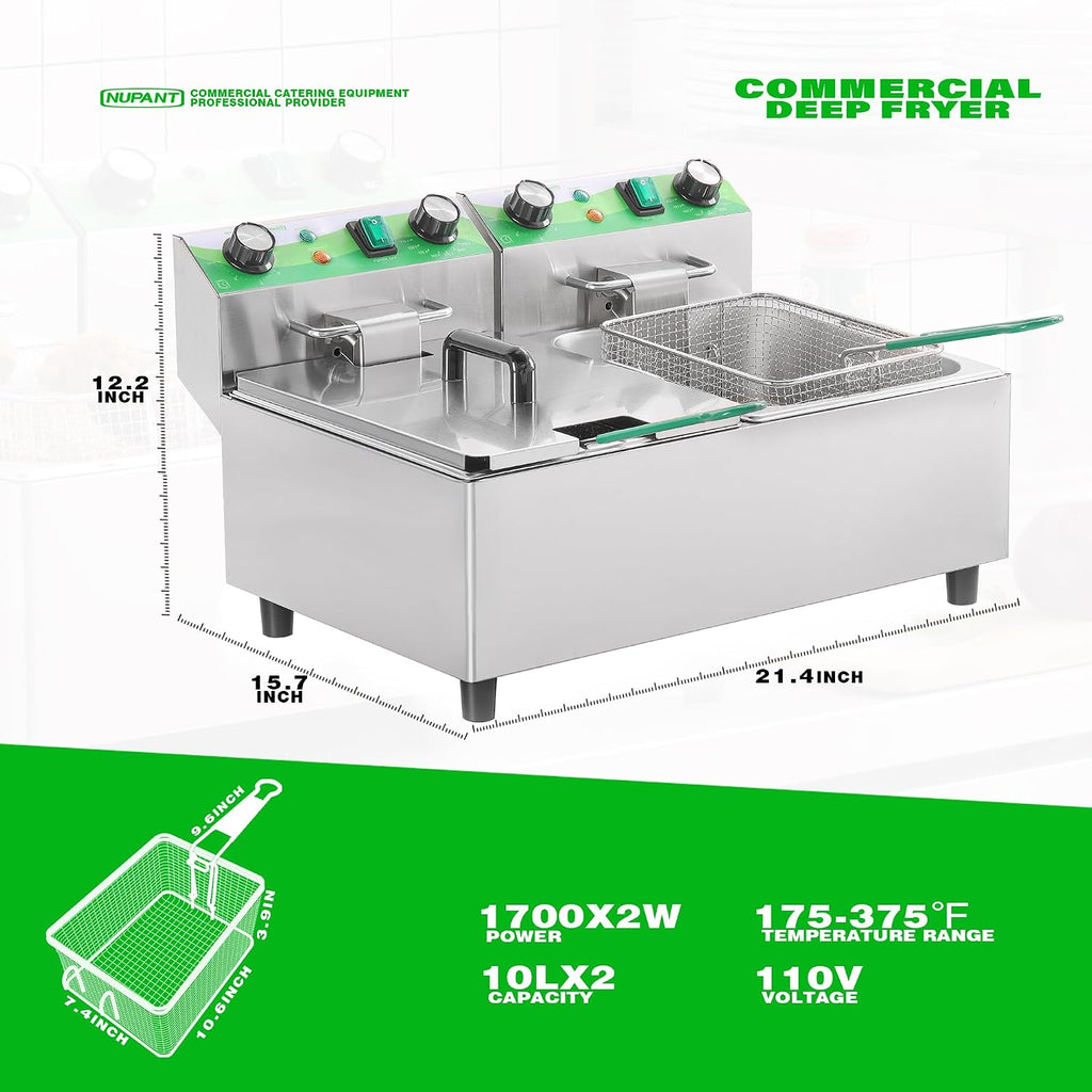 20L/21.2QT Commercial Deep Fryer with Timer Dual Tank Electric Countertop Fryer with Double Baskets and Lids, Temp
