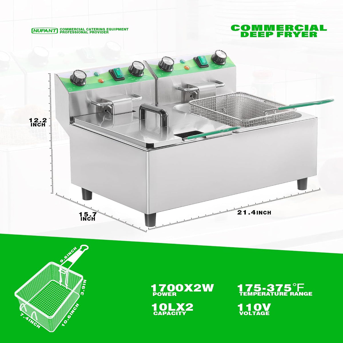 20L/21.2QT Commercial Deep Fryer with Timer Dual Tank Electric Countertop Fryer with Double Baskets and Lids, Temp