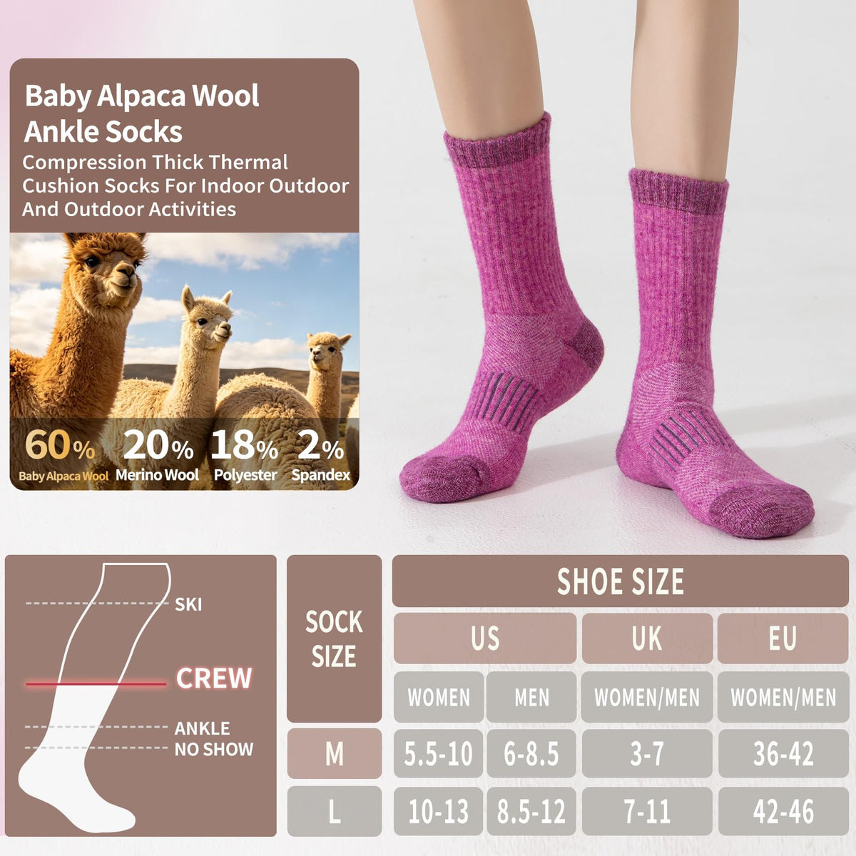 Alpaca Wool Running Hiking Socks for Men Women,Boot Work Crew Socks