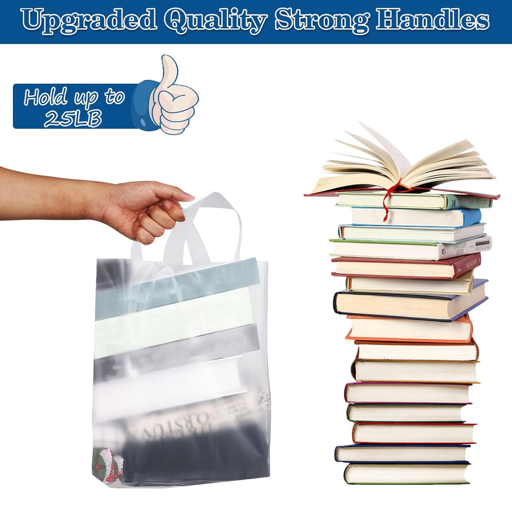 Plastic Bags with Handles - 110 Pack Clear Frosted Gift Bags with Cardboard Bottom, 25LB Thickened Boutique Bags Bulk