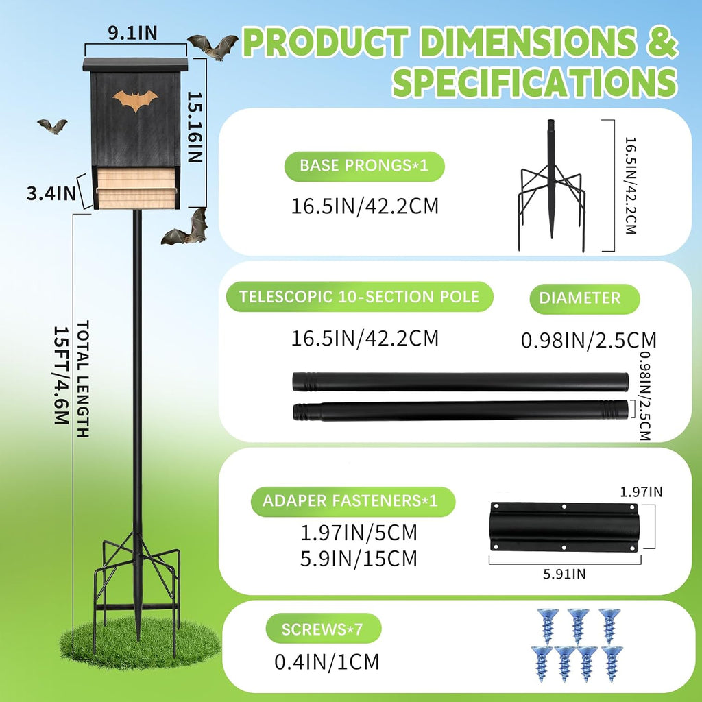 15 FT Bat House with Telescoping Pole Kit, Heavy Duty 10-Section Adjustable Martin Bat House Pole with Ground Socket
