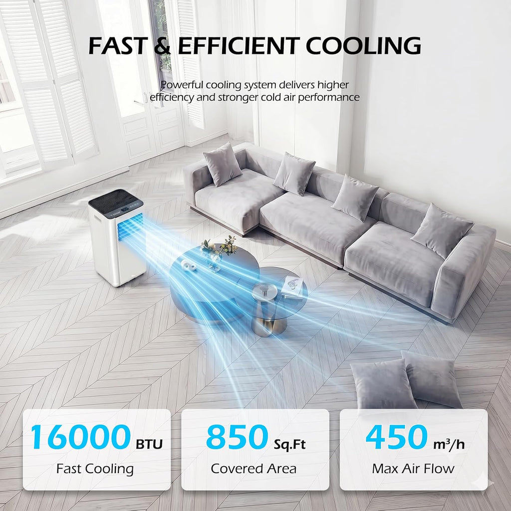 16000 BTU Portable Air Conditioners with WiFi APP | 5-in-1 Fast Cooling for 850 Sq.Ft, Dehumidifier, Fan, 24H Timer