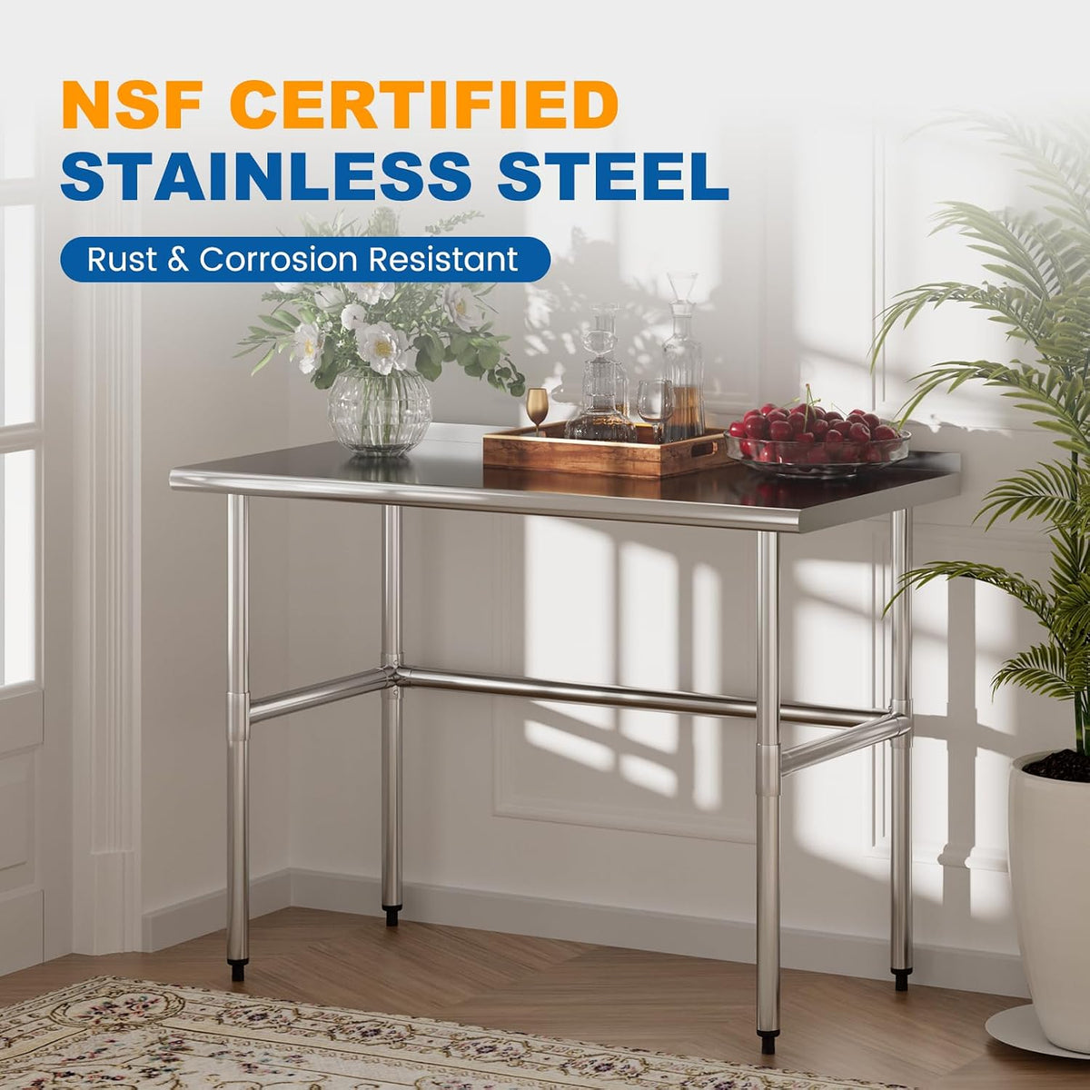 Open Base Stainless Steel Work Table with Backsplash, 24x48 Inch